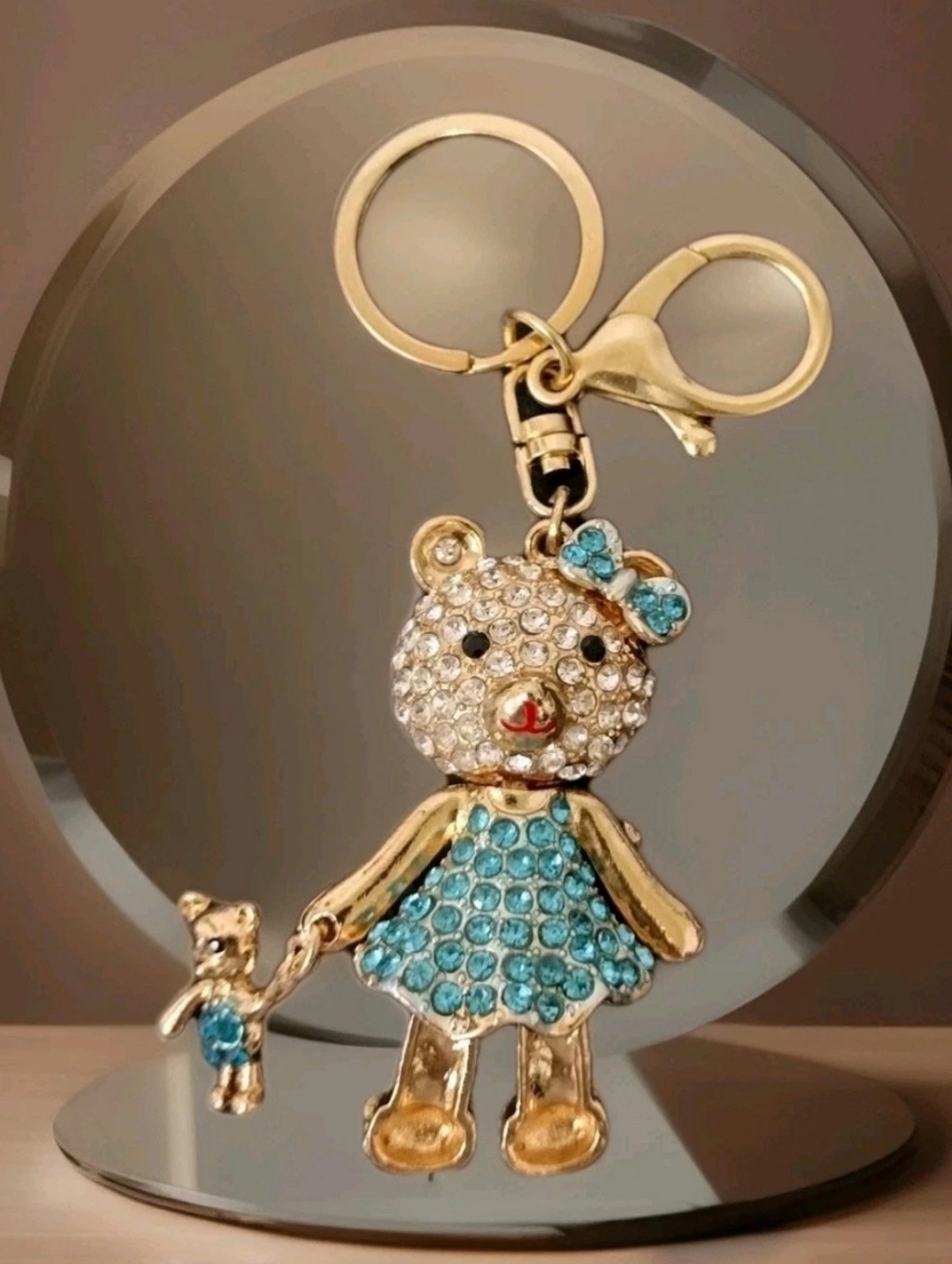 Gold-tone Bear Keychain with Aqua Crystal Dress